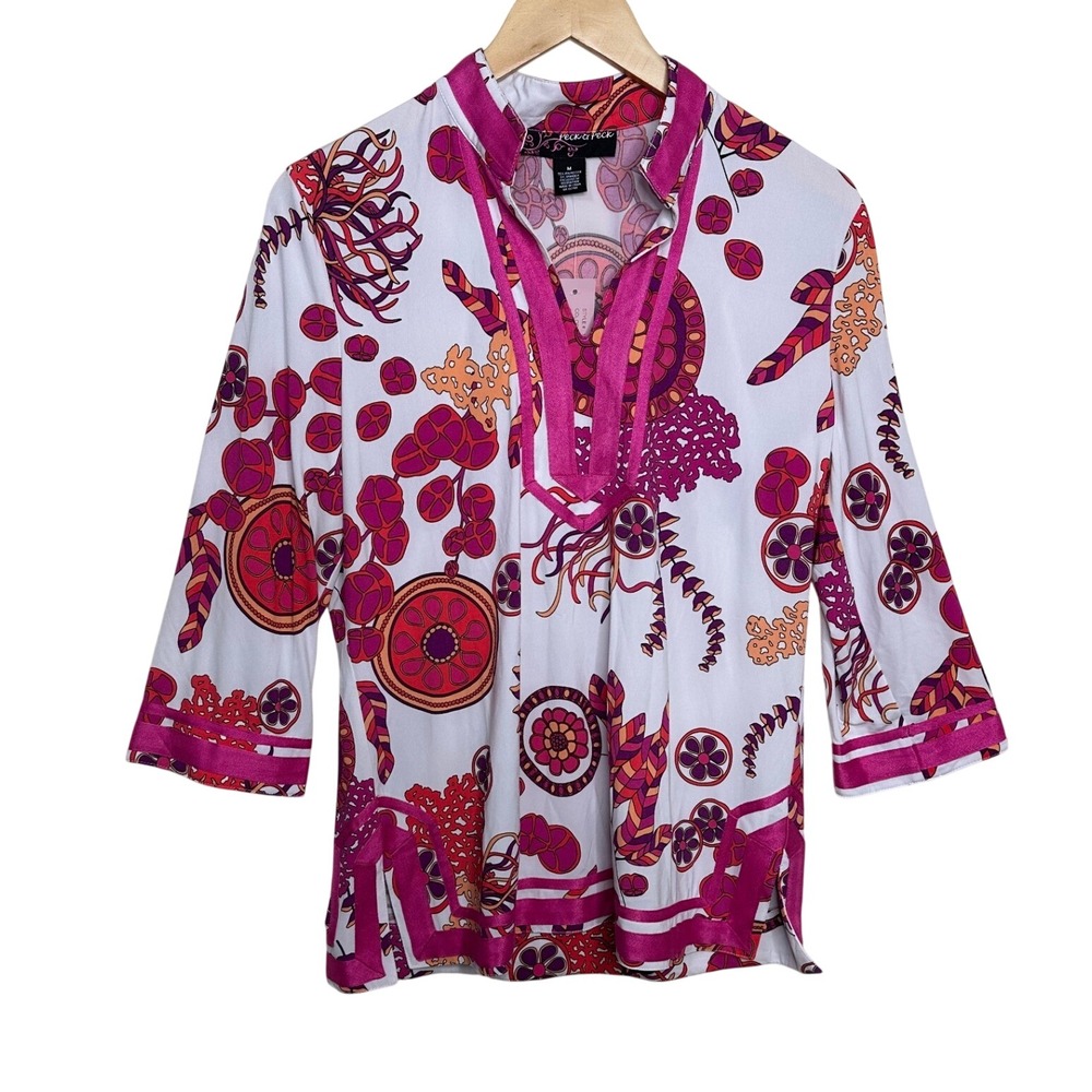 NWT Peck & Peck Abstract Medallion Print 3/4 Sleeve Tunic size Medium Pink/White